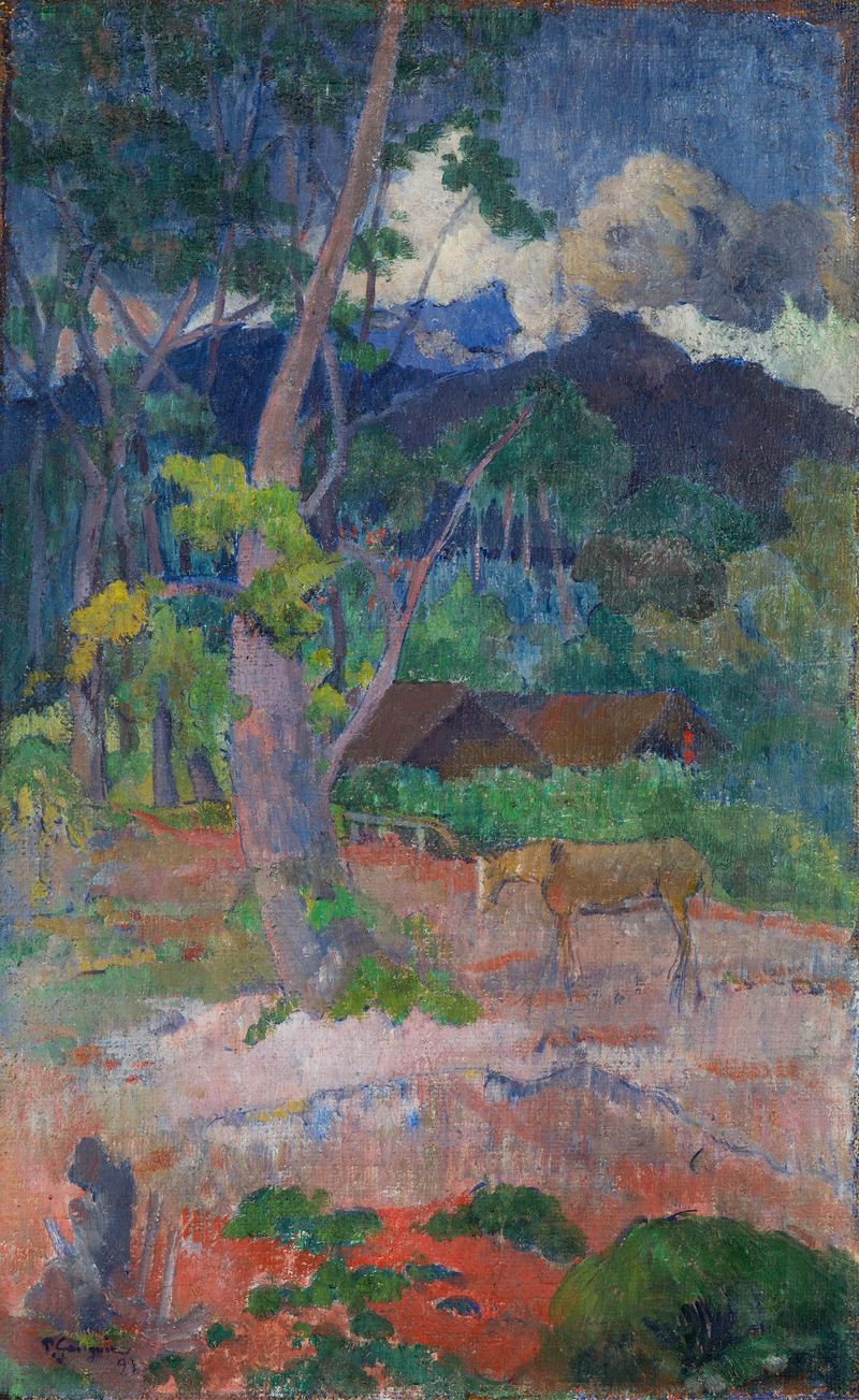 Paisaje con un Caballo de Paul Gauguin, óleo sobre lienzo que presenta un caballo en un paisaje verde exuberante.
