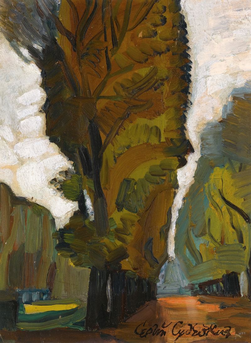 Landscape by Sergey Yurievich Sudeikin, oil on canvas depicting a vast sky and earthy tones.