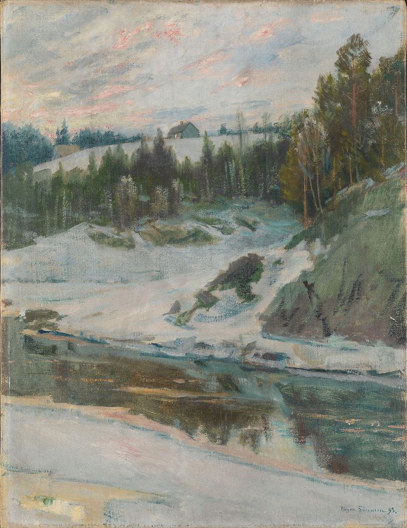 Winter landscape with river, oil painting by Jørgen Sørensen