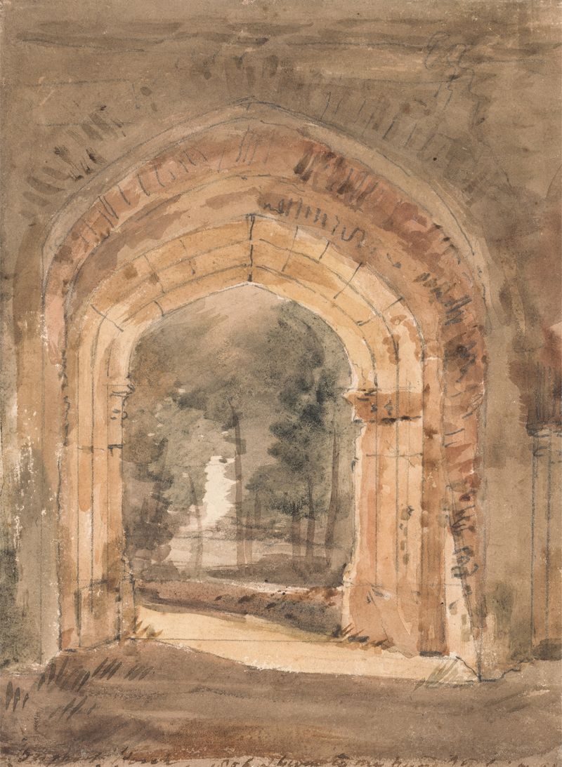 East Bergholt Church, óleo sobre lienzo de John Constable, con una torre en ruinas y luz natural.