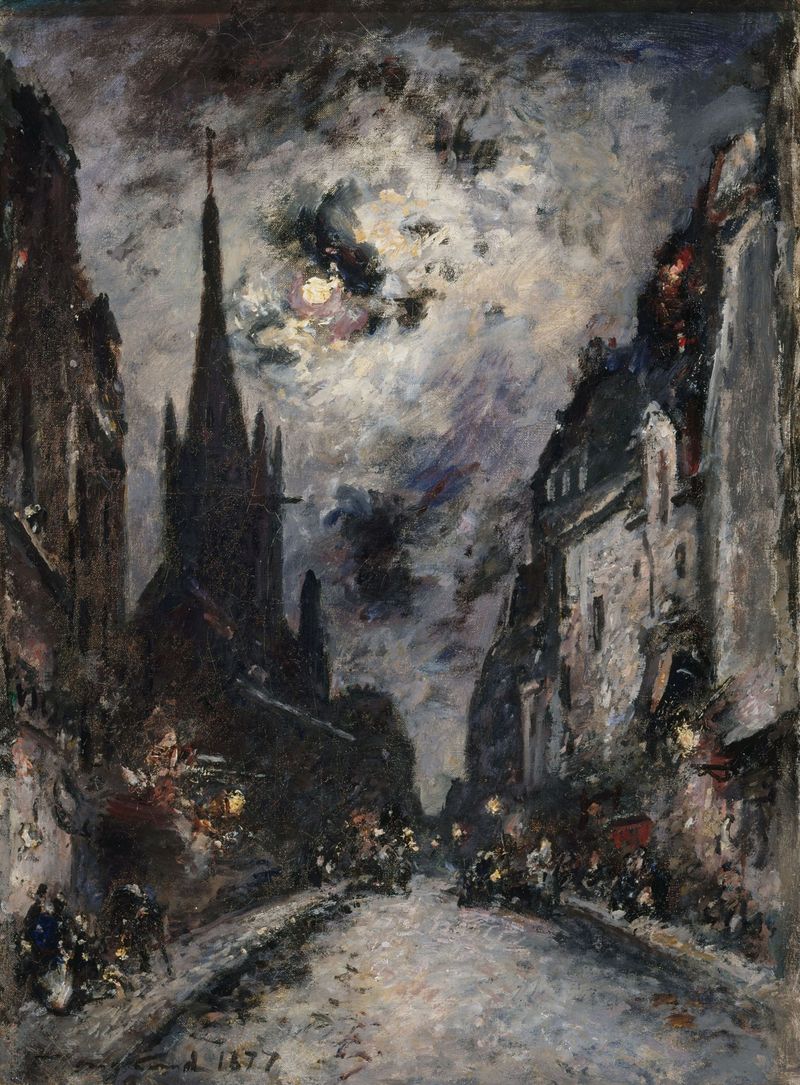 La Rue Saint-Séverin, óleo sobre tela de Johan Barthold Jongkind, retratando uma tranquila rua parisiense.