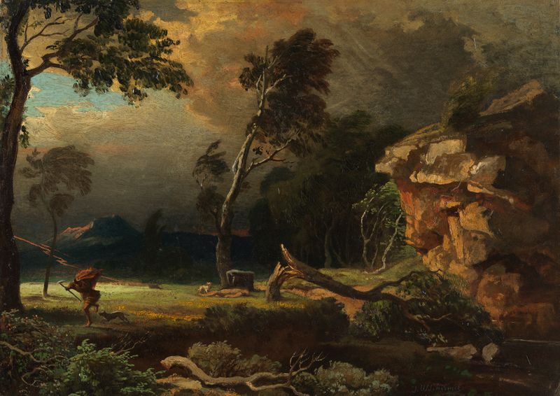 Paisagem com ruínas e folhagem, pintura a óleo de Johann Wilhelm Schirmer