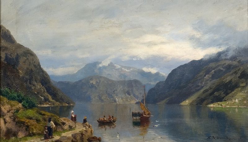 Fjordlandskap de Nils Bjørnsen Møller, pintura al óleo que representa un paisaje sereno con colinas y montañas.