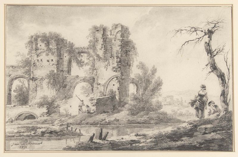 Oil painting by Jean Baptiste Pillement depicting ruins by a river with children.