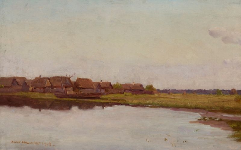 Village by the Water, óleo sobre tela de Jozef Chelmonski, retratando uma vila tranquila e água.