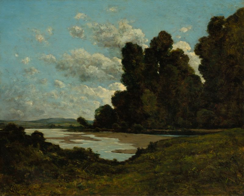 O Rio Loire em Nevers por Henri-Joseph Harpignies, pintura a óleo, retratando uma paisagem de rio tranquila