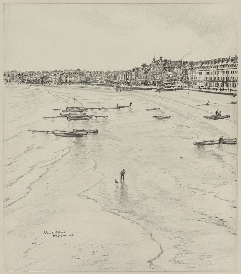Weymouth Bay, The Off Season grabado de Muirhead Bone que representa una escena marina tranquila