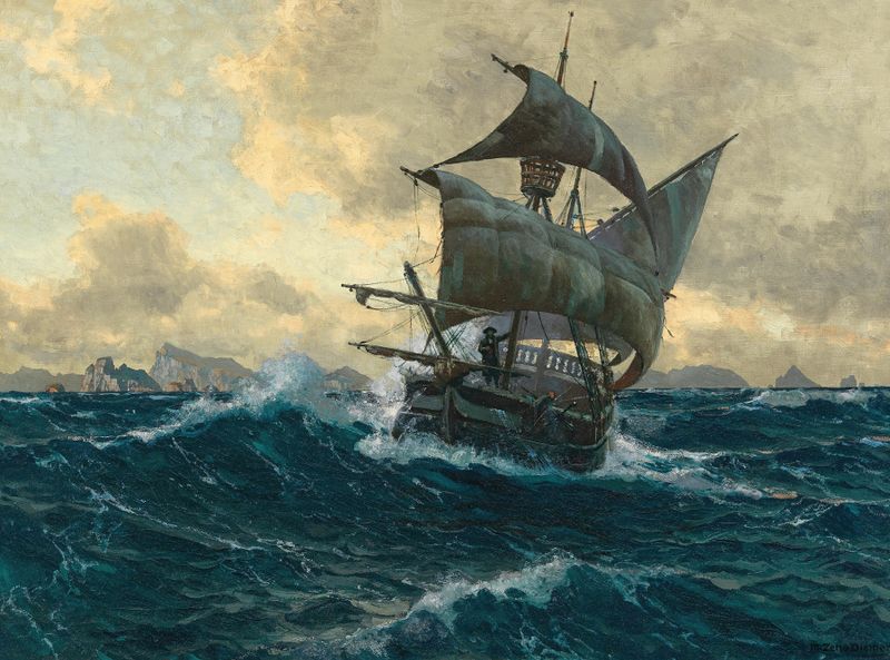 Oil on canvas by Michael Zeno Diemer depicting a ship in a misty ocean