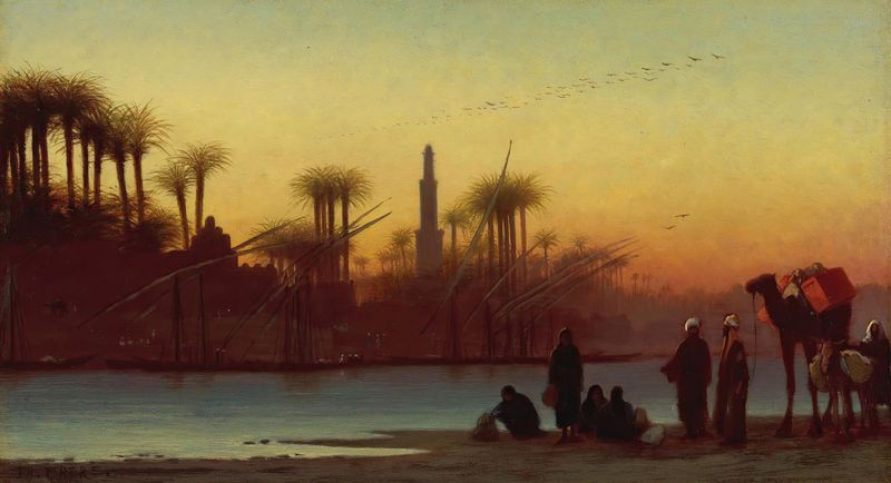 Oil painting by Charles Théodore Frère depicting a twilight landscape in Egypt