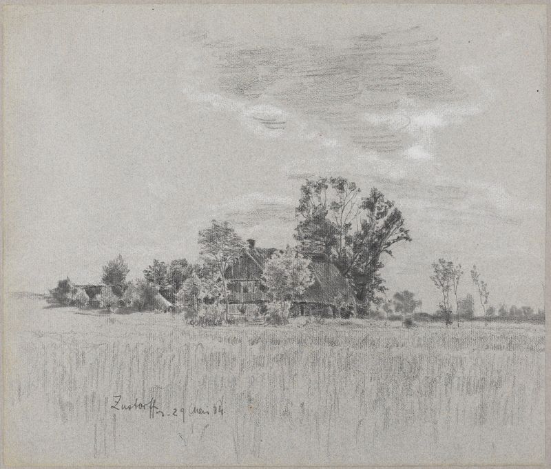 Paisaje de una casa de campo en campos, pintura al óleo de Gustav Kampmann