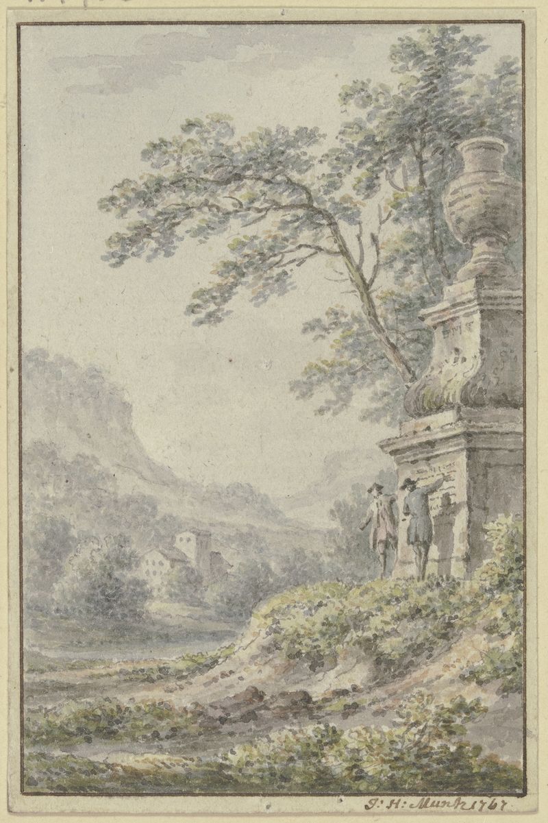 Rococo landscape featuring a farmhouse by Johann Heinrich Müntz