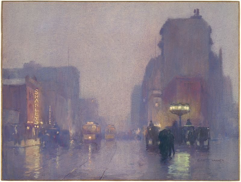 Broadway on a Rainy Evening, óleo sobre lienzo de Everett L. Warner, con figuras y reflejos en la lluvia.