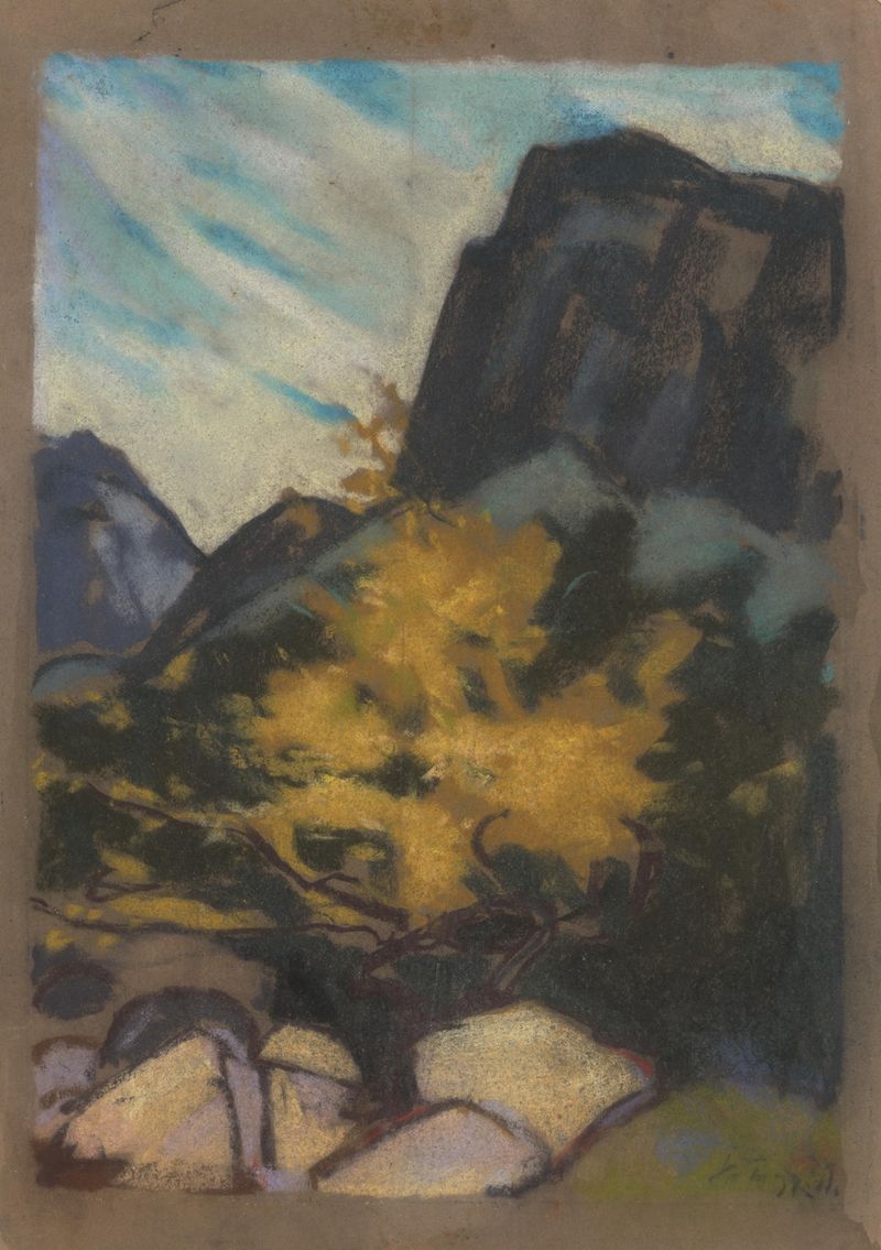 Paisaje rocoso con un árbol amarillo, óleo sobre lienzo de Zolo Palugyay