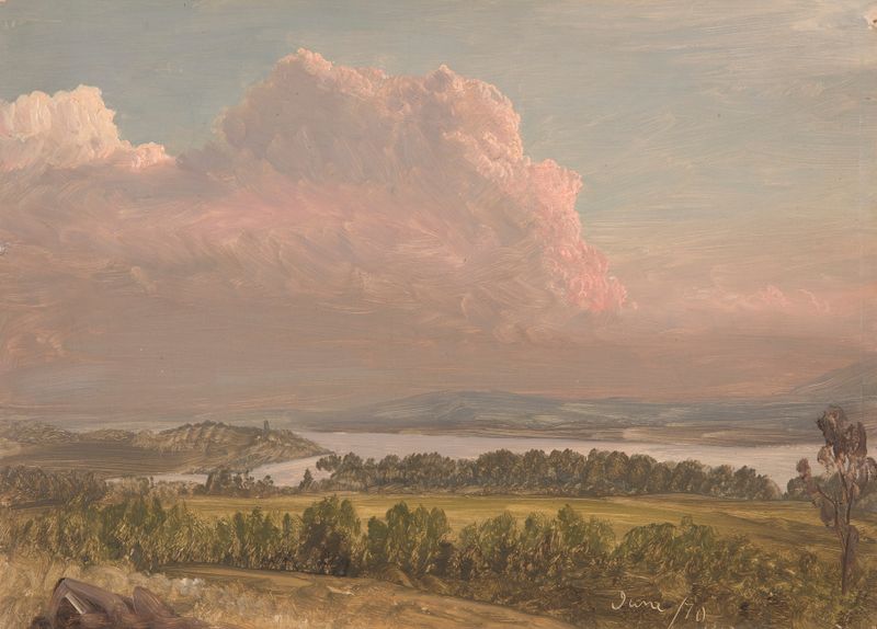 Sunset across the Hudson Valley de Frederic Edwin Church, pintura a óleo que retrata um vibrante pôr do sol sobre um vale