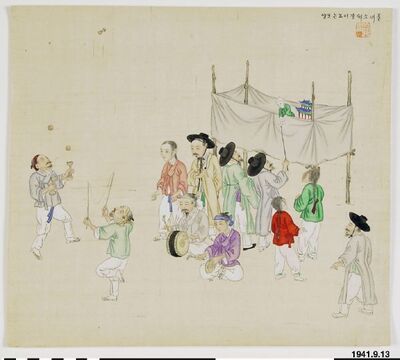 Korean Traditional artwork by Kim Jun-geun depicting a market scene with a dwarf and a temple.