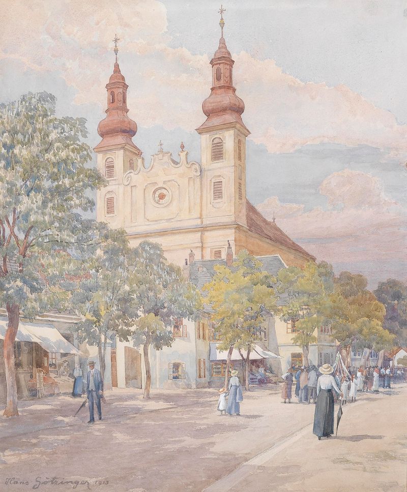 Fronleichnamsumzug in Maria Lanzendorf by Hans Götzinger, oil on canvas depicting a vibrant procession.