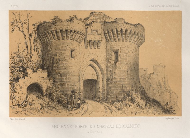Ancienne Porte Du Chateau De Malmort de Victor Petit, pintura a óleo que retrata uma porta de pedra envelhecida.