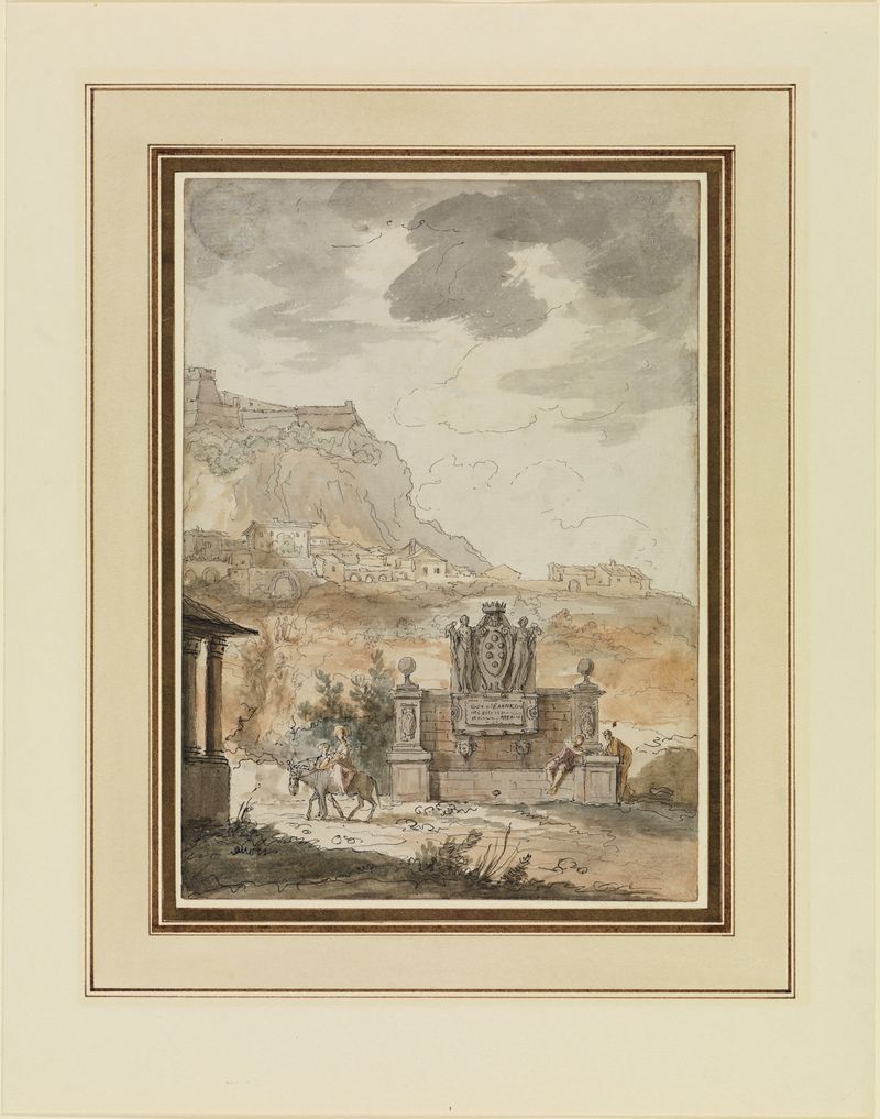 Oil painting by Claude-Louis Châtelet depicting a fountain surrounded by lush greenery.