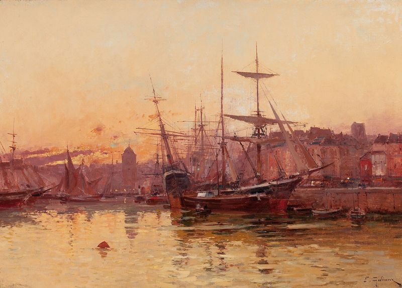 Pintura a óleo de Eugène Galien-Laloue mostrando veleiros em um porto.