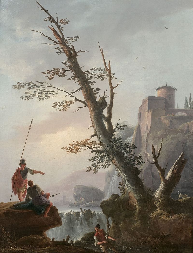 Paisaje con soldados y una cascada, óleo sobre lienzo de Charles François Daubigny.