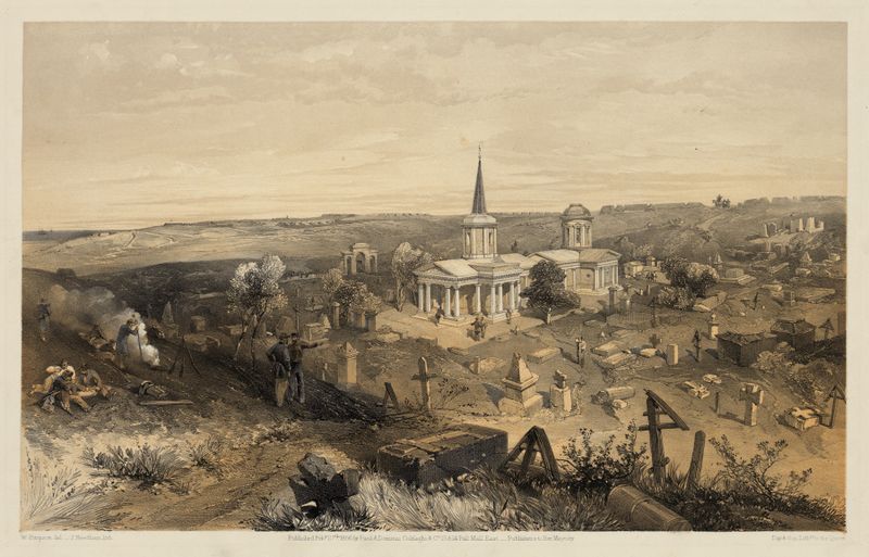 Cemitério de quarentena e igreja com bateria francesa nº 50, tinta sobre papel de William Simpson