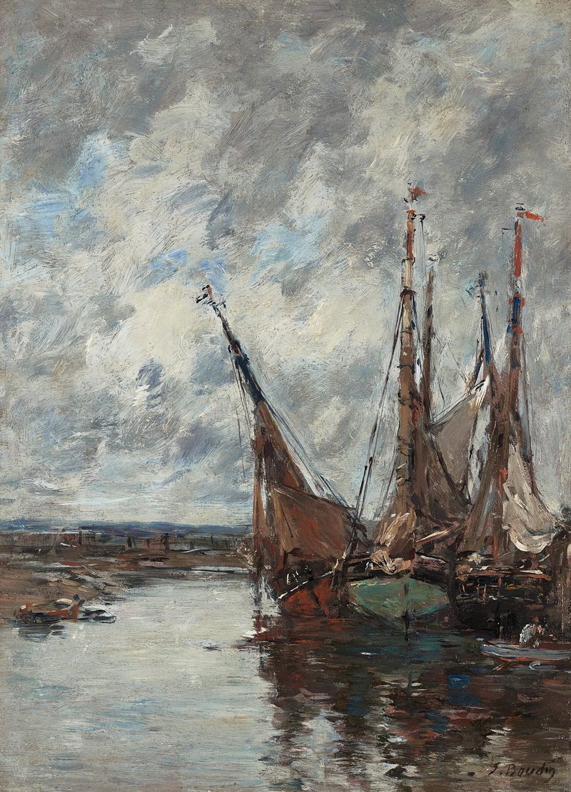Cena marinha com barcos encalhados e uma costa tranquila, óleo de Eugène Boudin
