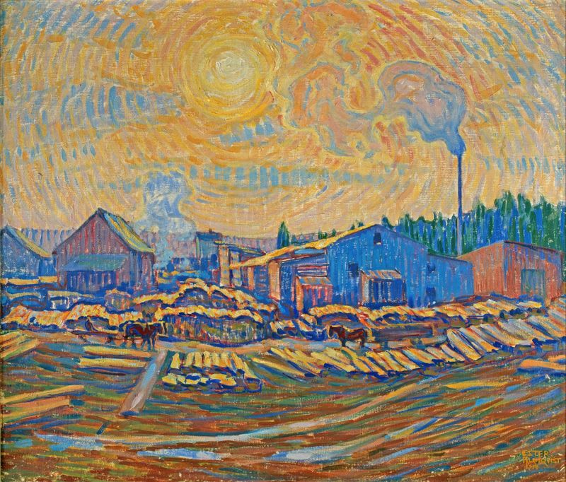The Sawmill by Ester Almqvist, depicting a saw and sunlight, realism style