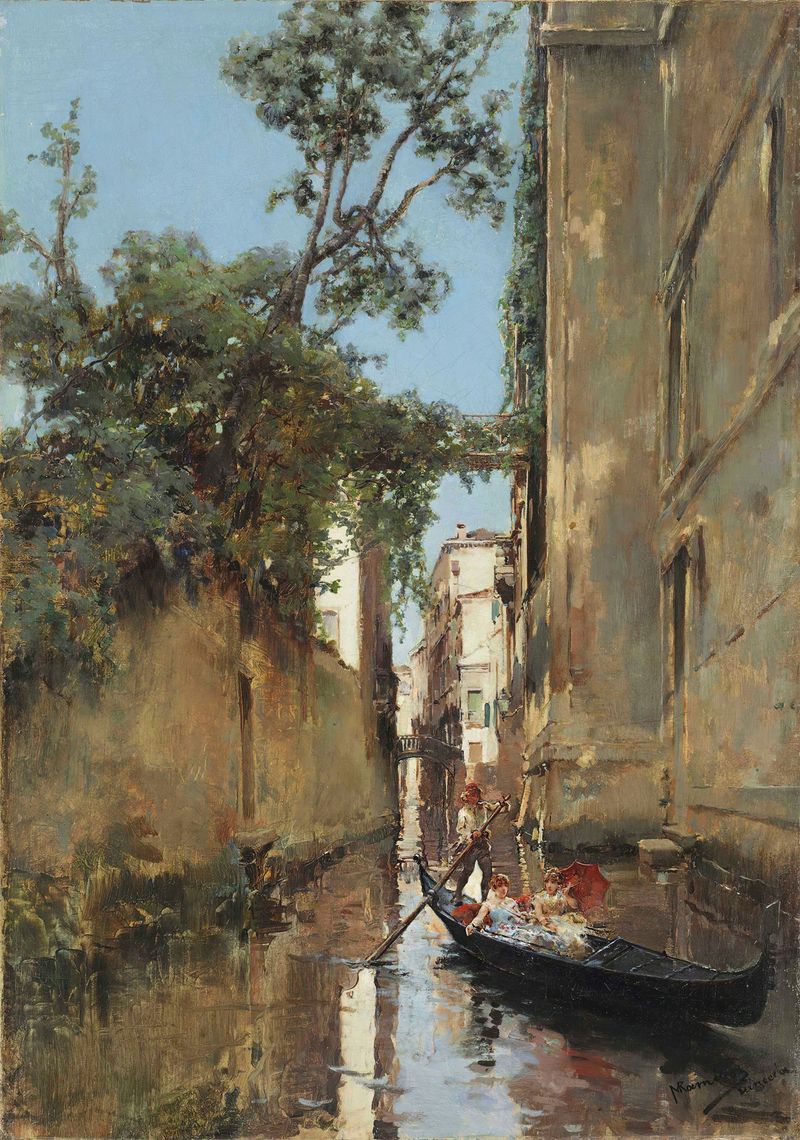 Ladies In A Gondola, Venice de Manuel Ramírez Ibáñez, óleo que muestra a dos mujeres en una góndola en un canal.