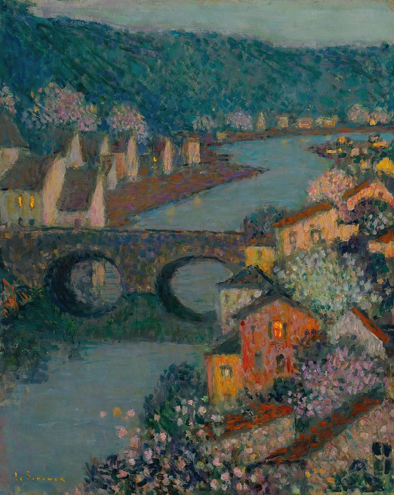 Les Maisons Sur La Rivière, óleo sobre tela de Henri Le Sidaner, casas ao longo de um rio.