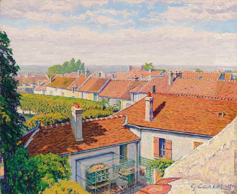 Les toits rouges, óleo sobre lienzo de Gustave Cariot, que muestra techos de terracota al atardecer.