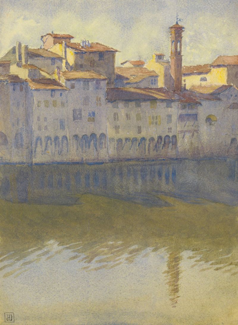 Across the Arno, oil on canvas by John Ireland Howe Downes, depicting a tranquil river landscape with reflections.