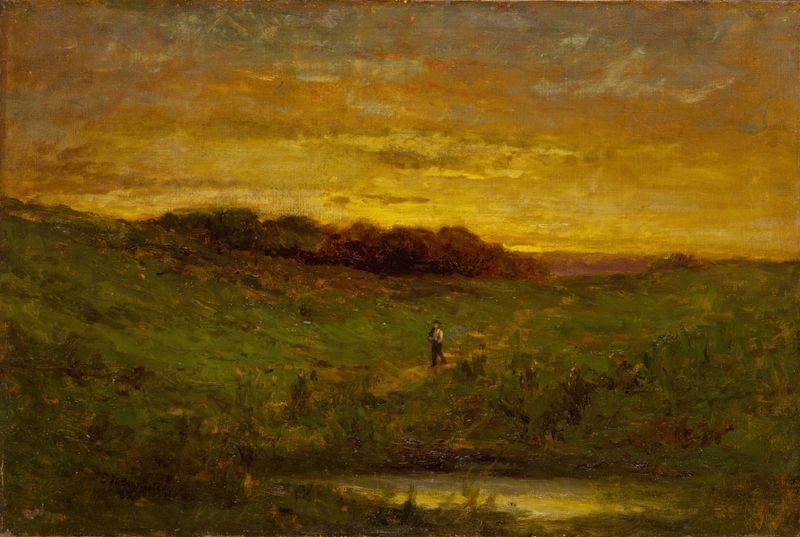 Sunset de Edward Mitchell Bannister, óleo sobre lienzo que representa un vibrante atardecer sobre el horizonte.