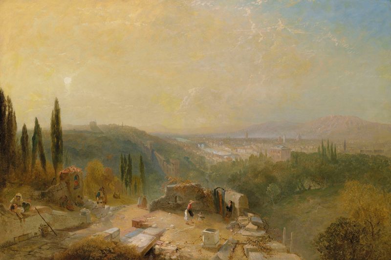 Landscape of Florence with rooftops and hills, oil painting by James Baker Pyne