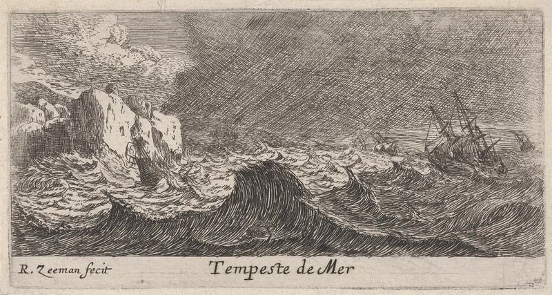 Aguafuerte de Reinier Nooms que muestra un mar turbulento con nubes oscuras.