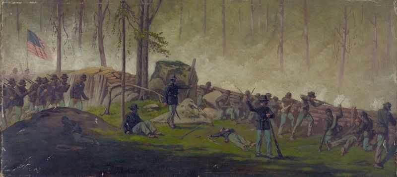 Historical oil painting by Edwin Forbes depicting breastworks on Culps Hill