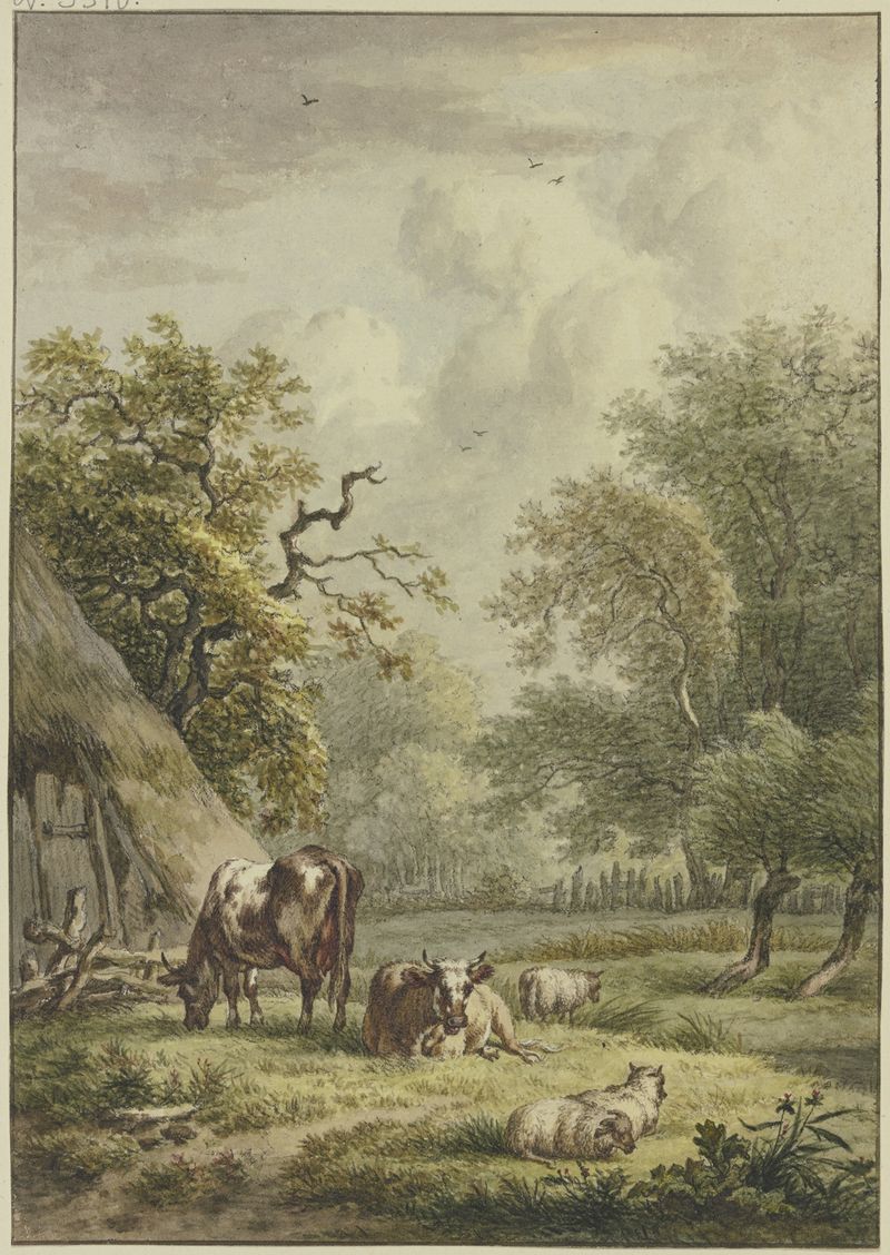 Pastoral scene with cows and sheep, oil on canvas by Jan Hulswit