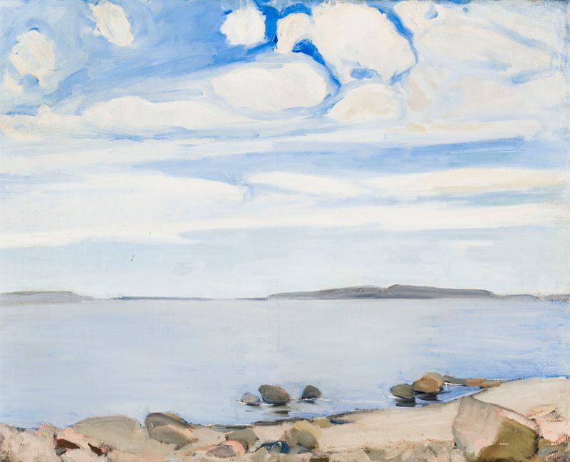 Landscape in Finland by Konrad Krzyżanowski, oil painting depicting a serene forest and sky.