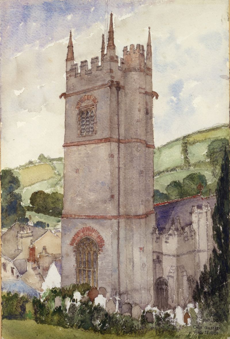 Church Tower, Marldon de Cass Gilbert, modernismo, paisaje con torre de iglesia y cielo azul