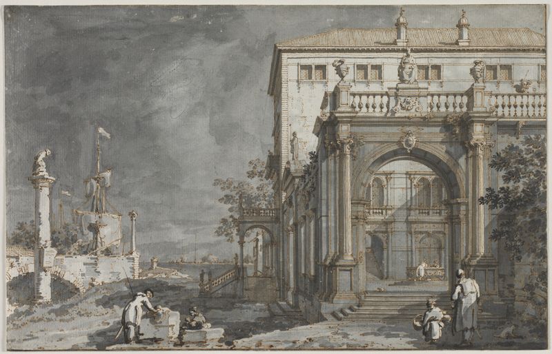 Capriccio; A Palace with a Courtyard by the Lagoon, óleo sobre lienzo de Canaletto