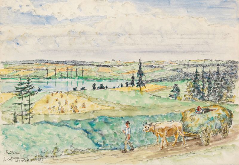 Landscape depicting harvest in earth tones, oil painting by Anton Emanuel Peschka