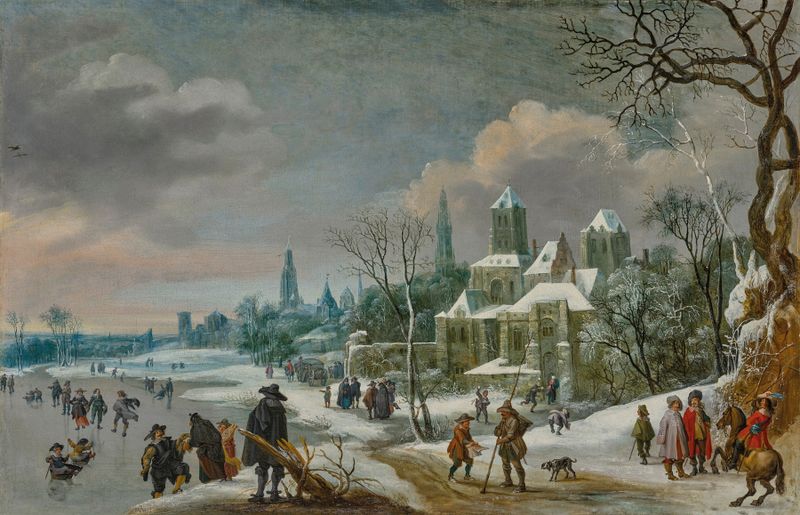 Una escena invernal que muestra figuras patinando en un río helado, de Daniel Van Heil.