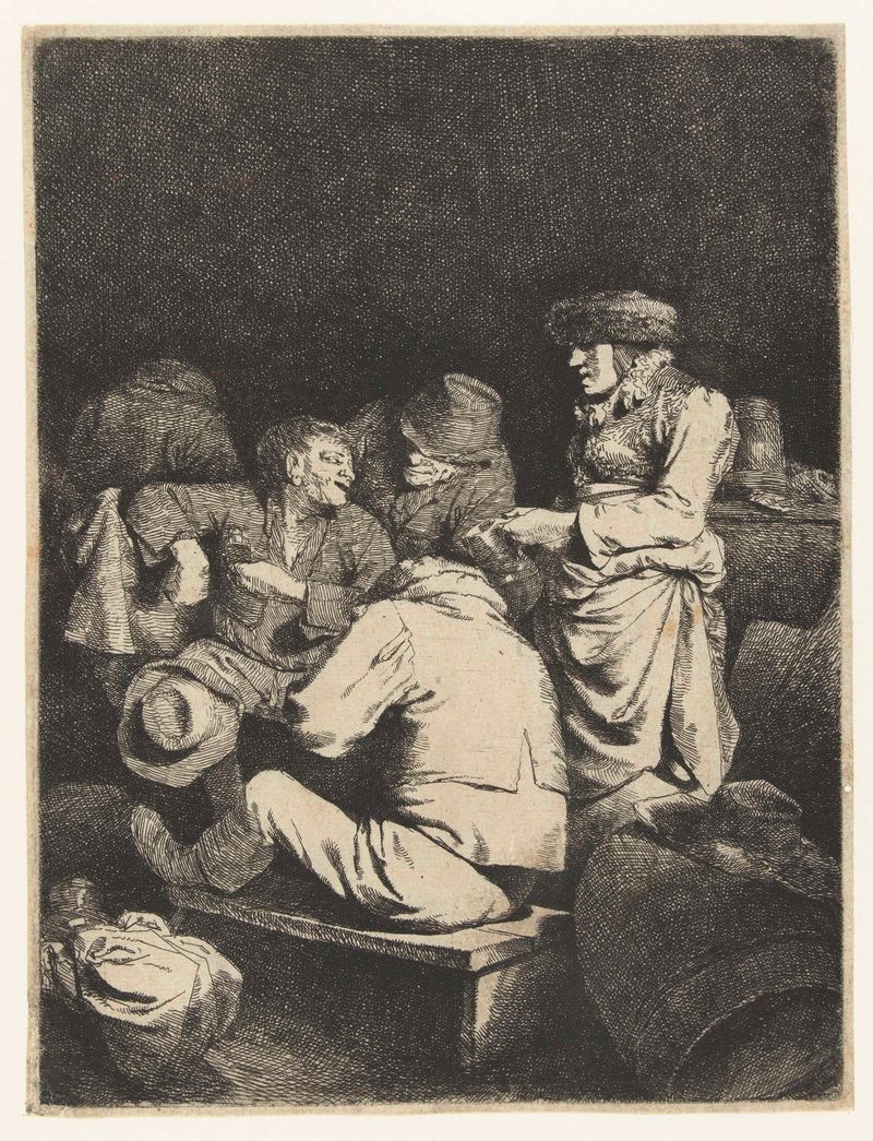 Etching by Cornelis Pietersz. Bega depicting figures in a tavern illuminated by candlelight.