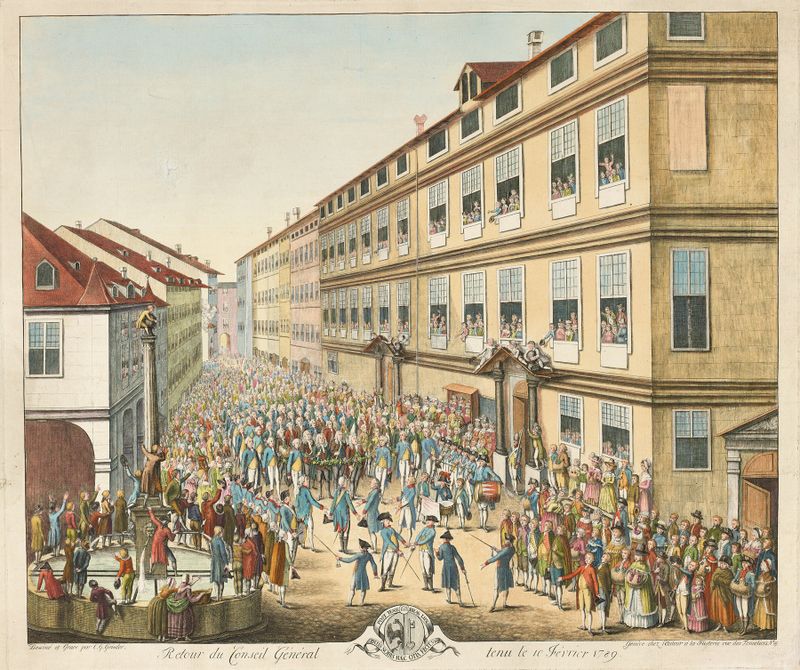 Engraving by Christian Gottlieb Geissler depicting a crowd in urgency and discord.