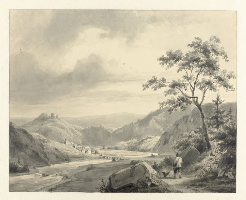 Pintura al óleo de paisaje de Pierre Louis Dubourcq con un cazador y un perro en la naturaleza