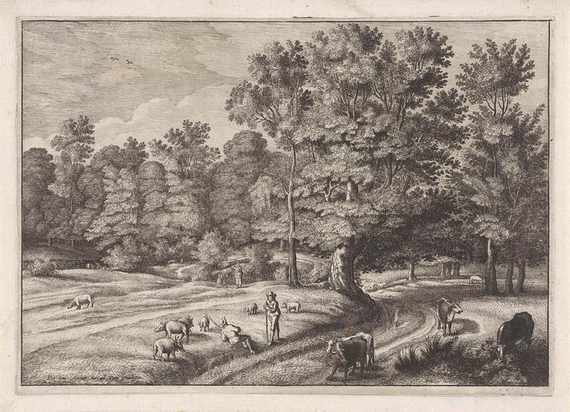 Landschap met herders in een bos, grabado de Wenceslaus Hollar, que representa pastores entre árboles.