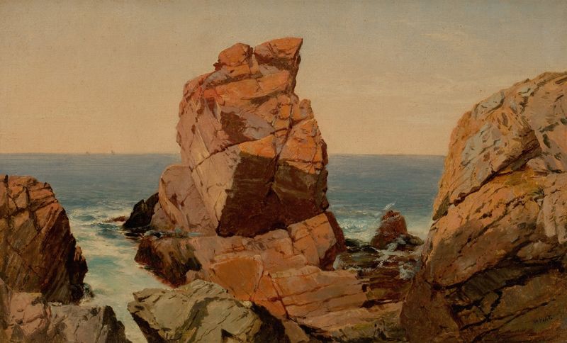 Rocks on the Shore by William M. Hart, oil painting depicting jagged rocks and crashing waves