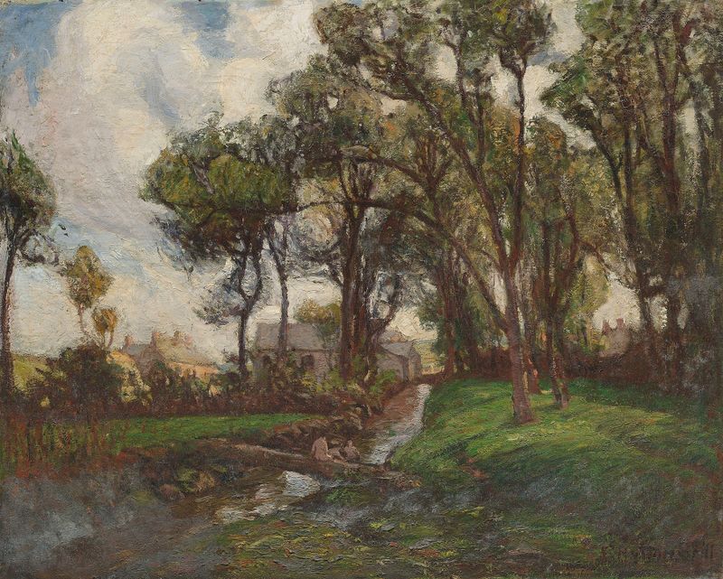 Figuras bañándose en un arroyo, óleo sobre lienzo de Frank Hutton Shill