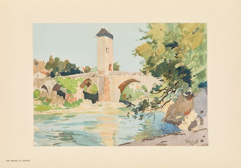 The bridge at Orthez by Pierre Vignal, an impressionist landscape painting depicting a river and bridge.