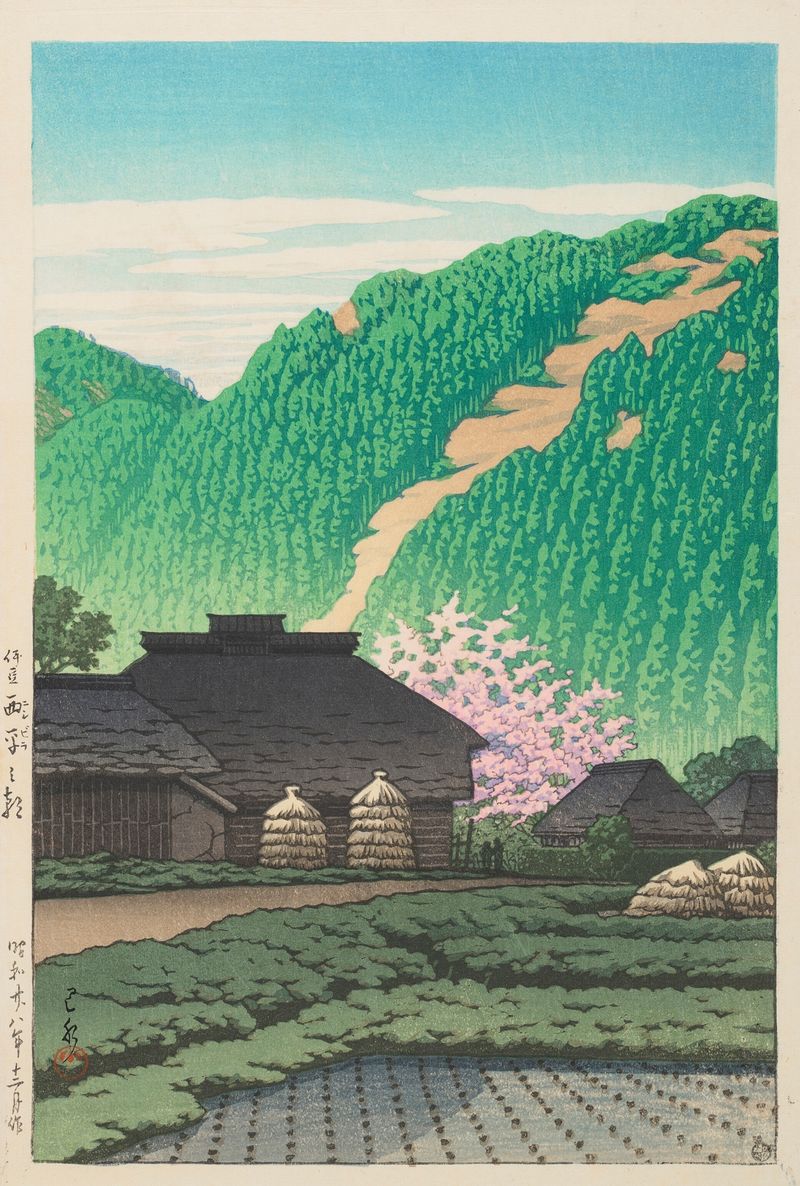 Gravura em madeira de Kawase Hasui retratando uma paisagem matinal serena com montanhas e uma aldeia.