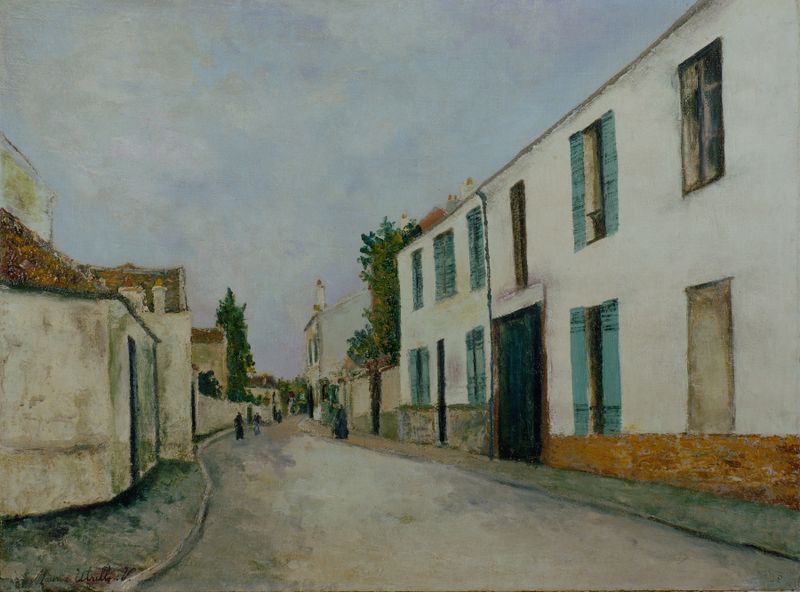 Street Scene de Maurice Utrillo, óleo sobre lienzo que representa una calle empedrada en un pueblo